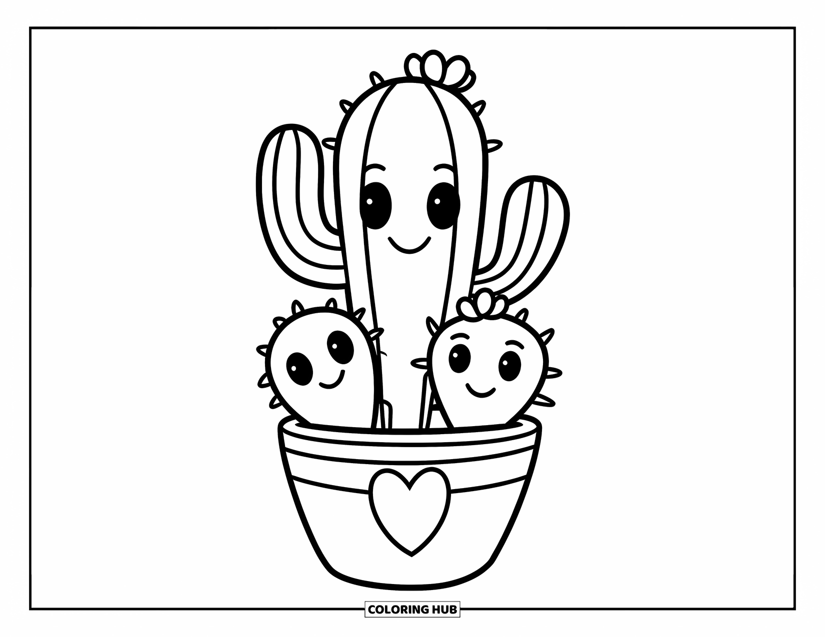 Cactus Coloring Page for Kids: A smiling parent cactus with two baby cacti, all sitting together in a heart-shaped pot
