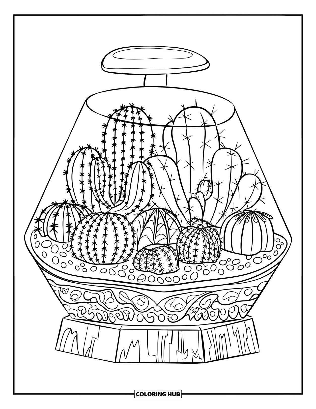 Cactus Coloring Page for Kids: A terrarium filled with various cactus species, arranged in a glass container on a wooden base