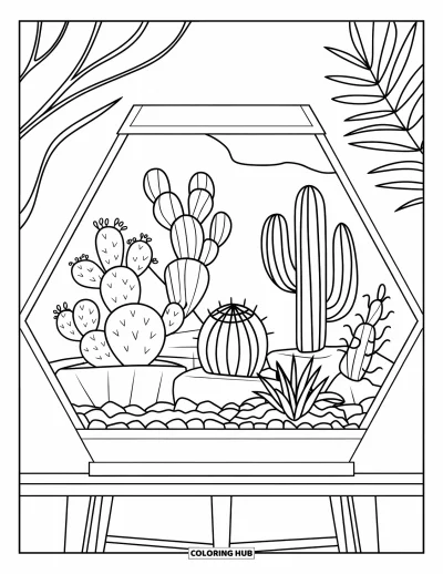 Coloriage de cactus pour enfants : Un terrarium avec différentes espèces de cactus, placé sur un support en bois dans un cadre confortable