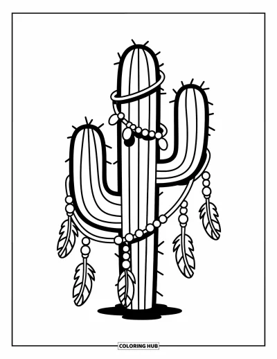 Coloriage de cactus pour enfants : Un cactus unique avec des perles et des plumes suspendues, dégageant une ambiance artistique et libre d’esprit