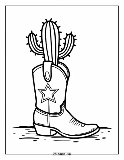 Coloriage de cactus pour enfants : Une scène sur le thème occidental d’un cactus poussant à l’intérieur d’une botte de cowboy avec un emblème d’étoile