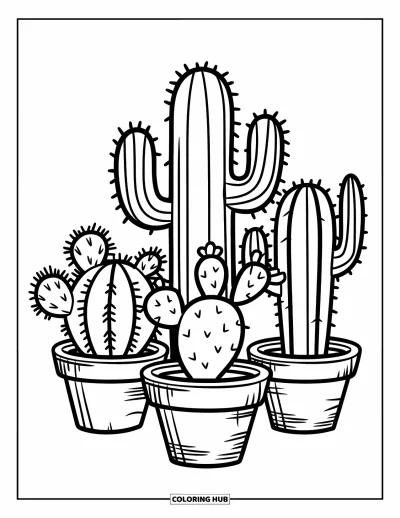 Coloriage de cactus pour enfants : Trois cactus dans de petits pots aux motifs rustiques, disposés ensemble dans un charmant arrangement