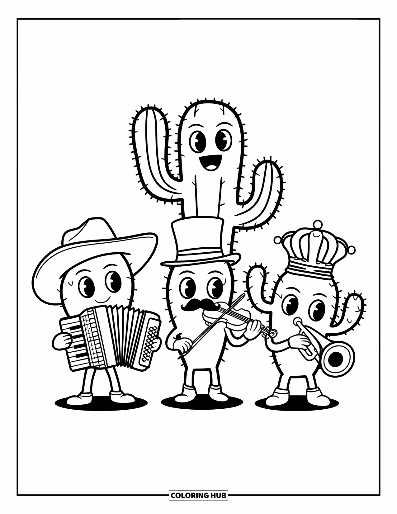 Cactus Coloring Page for Kids: Three cacti in unique outfits playing instruments-accordion, violin, and trumpet-on a white background