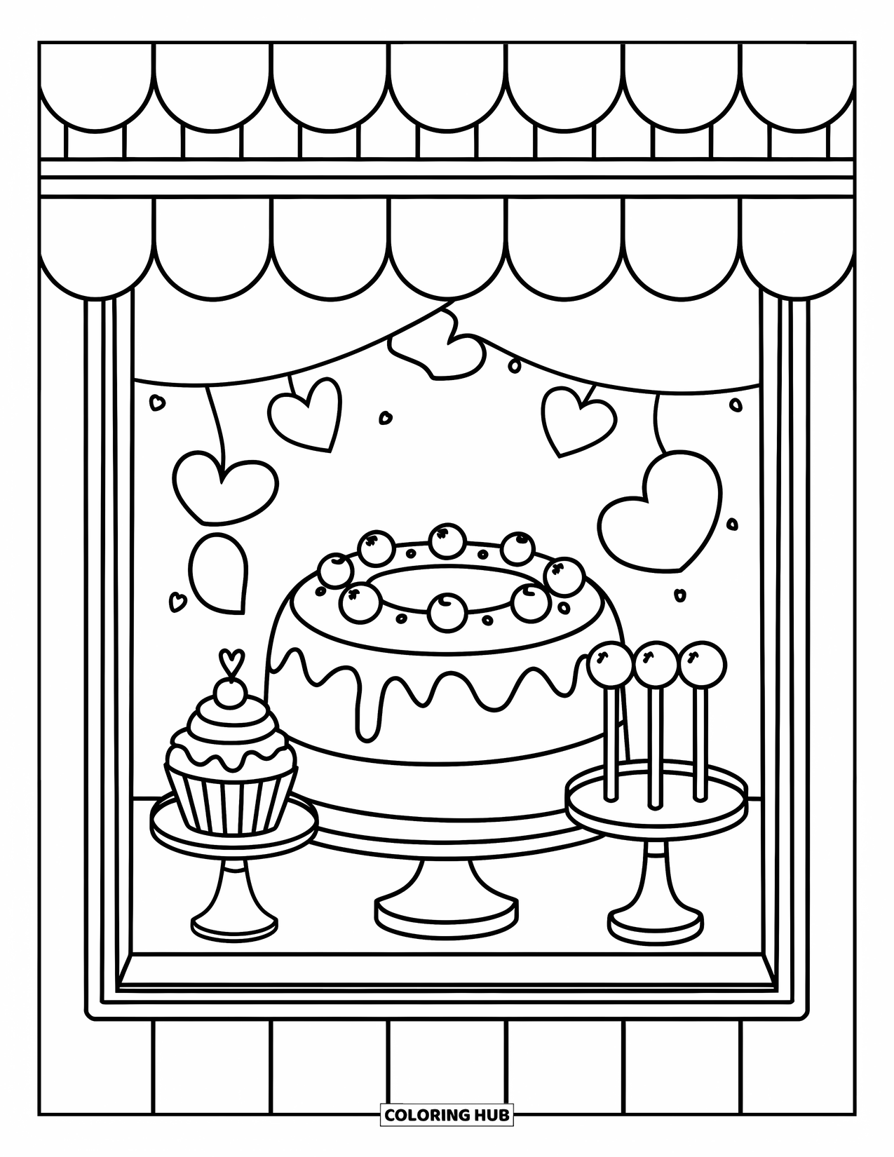 Cake Coloring Page for Adults: A birthday bash with a cake, gifts, balloons, and confetti in a cozy setting with a rug and chair