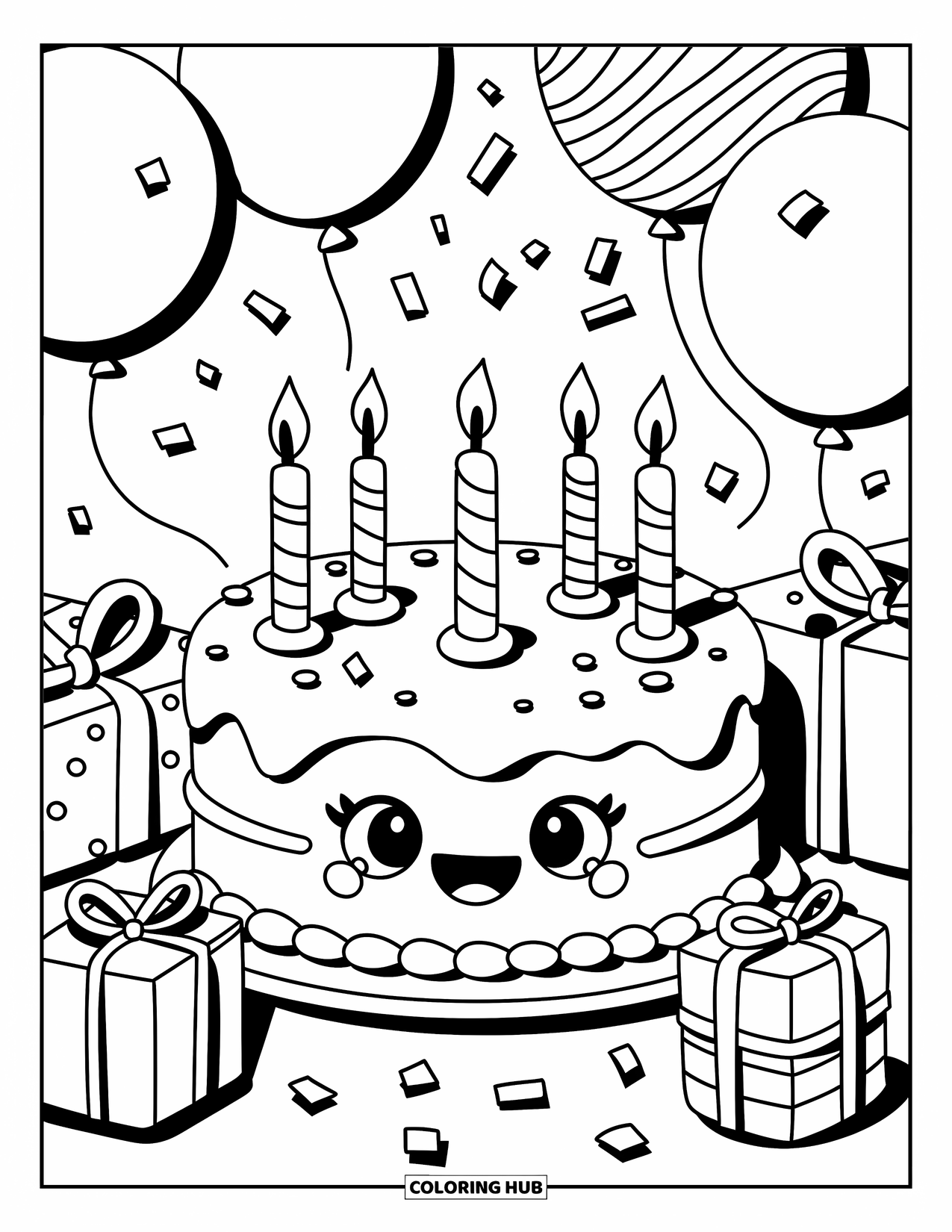 Cake Coloring Page for Adults: A birthday cake with a happy face, surrounded by gifts, balloons, and confetti in a playful style