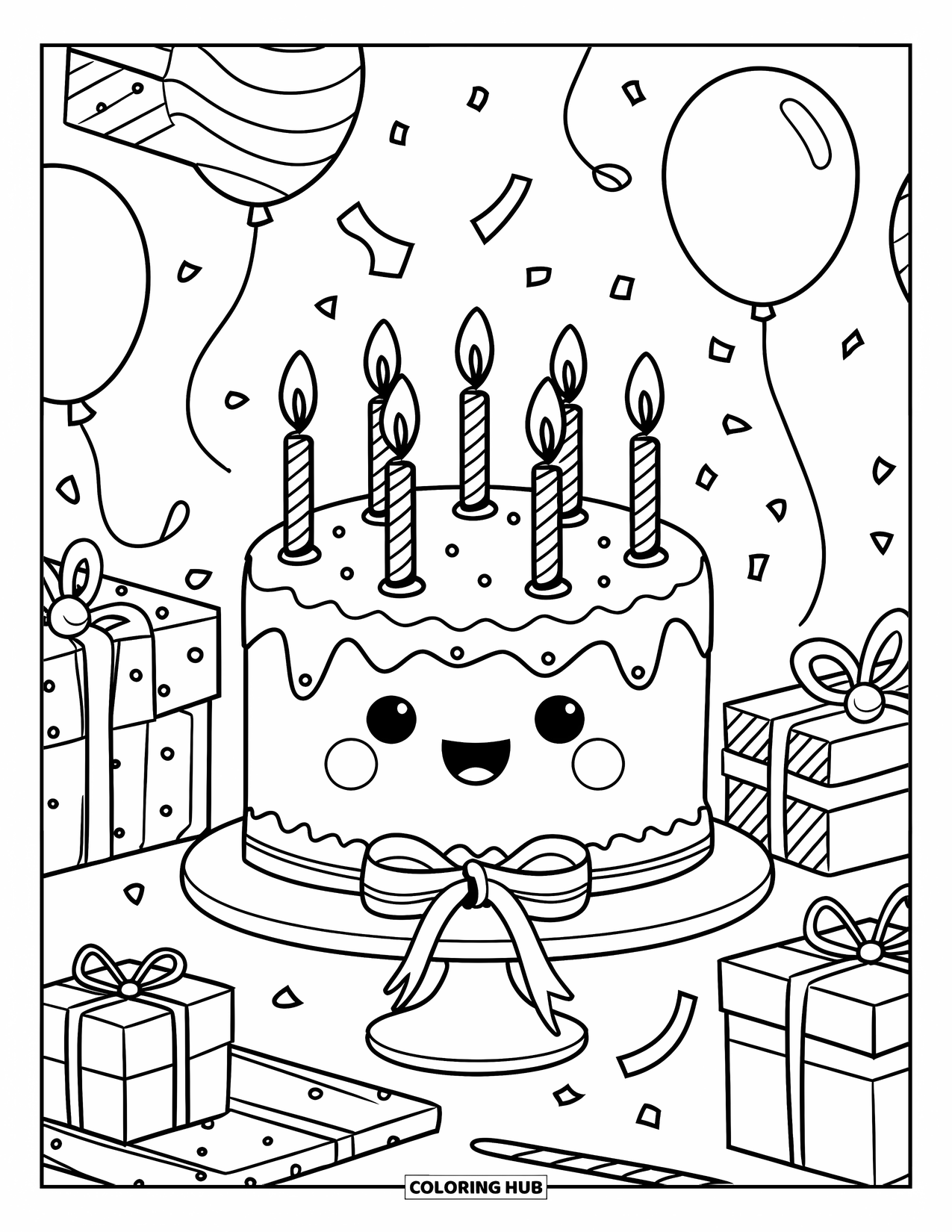 Cake Coloring Page for Adults: A birthday cake with five candles, gifts, balloons, and confetti, all in a kawaii doodle style