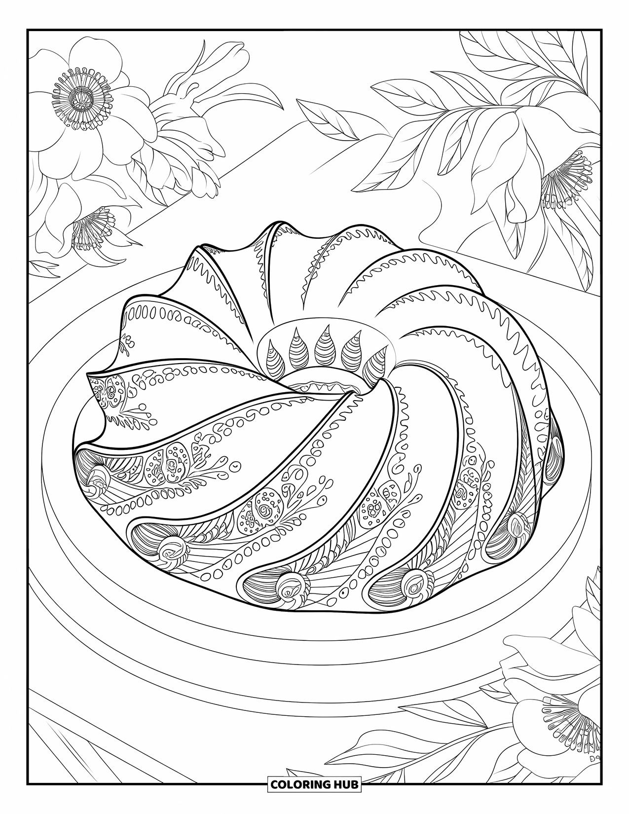 Cake Coloring Page for Adults: A bundt cake with detailed floral and geometric patterns, placed on a wooden board with flowers and leaves