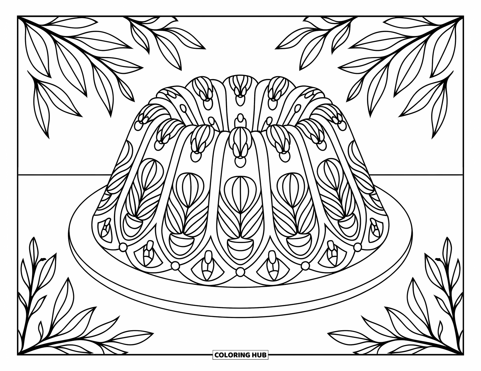Cake Coloring Page for Adults: A bundt cake with floral and geometric patterns, placed on a white plate with leaves