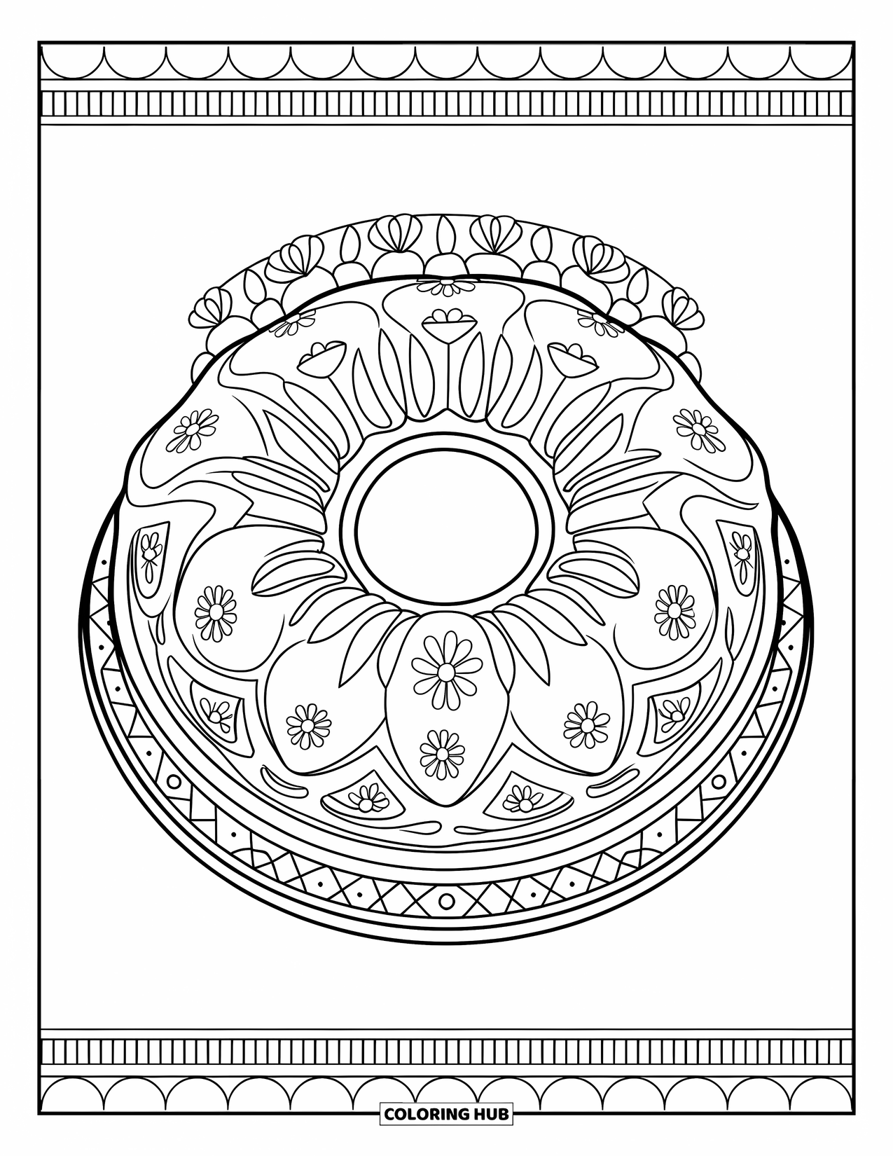Cake Coloring Page for Adults: A bundt cake with floral and geometric patterns, surrounded by a decorative border
