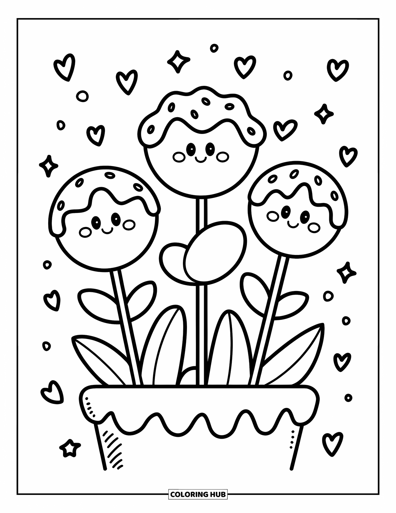 Cake Coloring Page for Adults: A cake pop garden with kawaii cake pops on sticks, designed as flowers with smiling faces