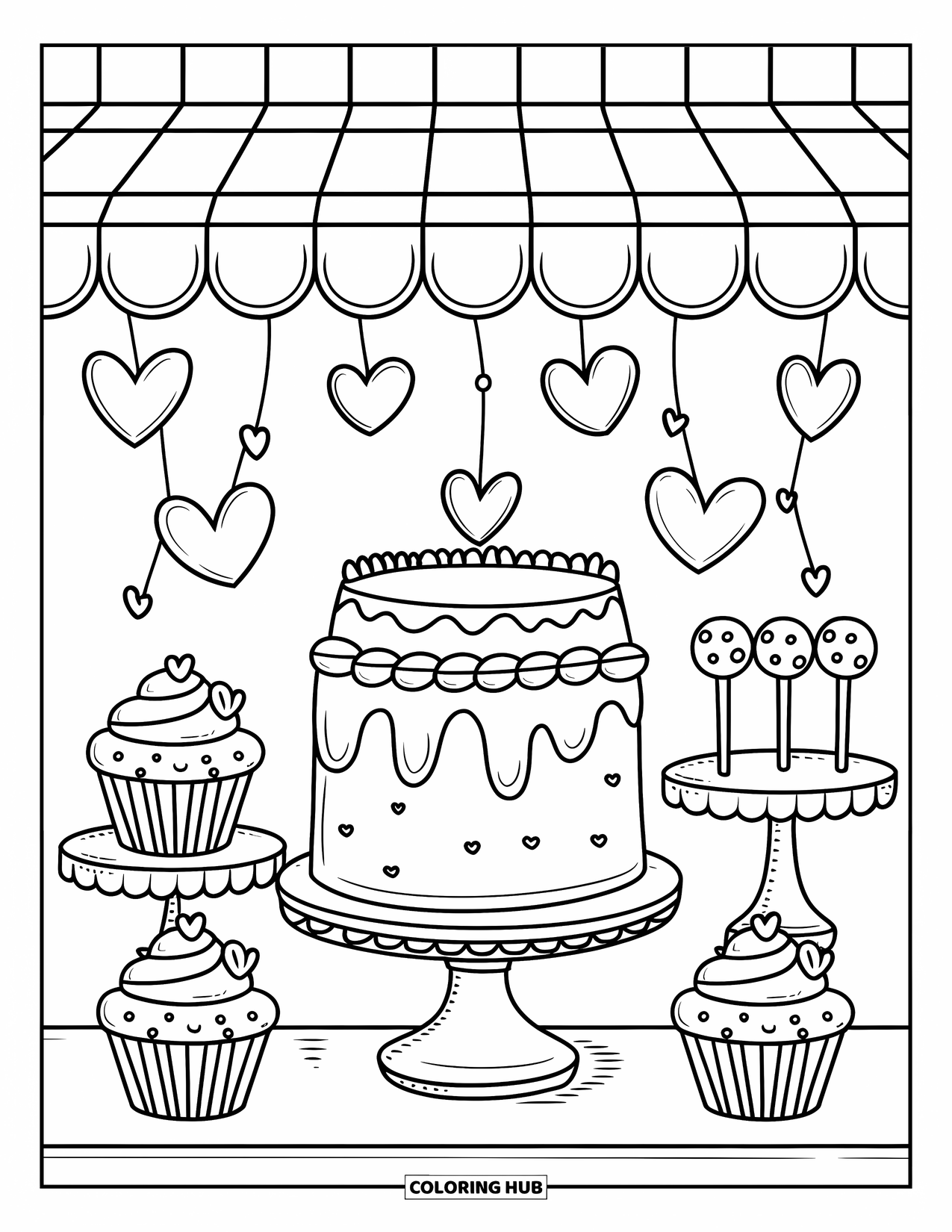 Cake Coloring Page for Adults: A cake shop window with a large cake, cupcakes, and cake pops, decorated with heart shapes and awning