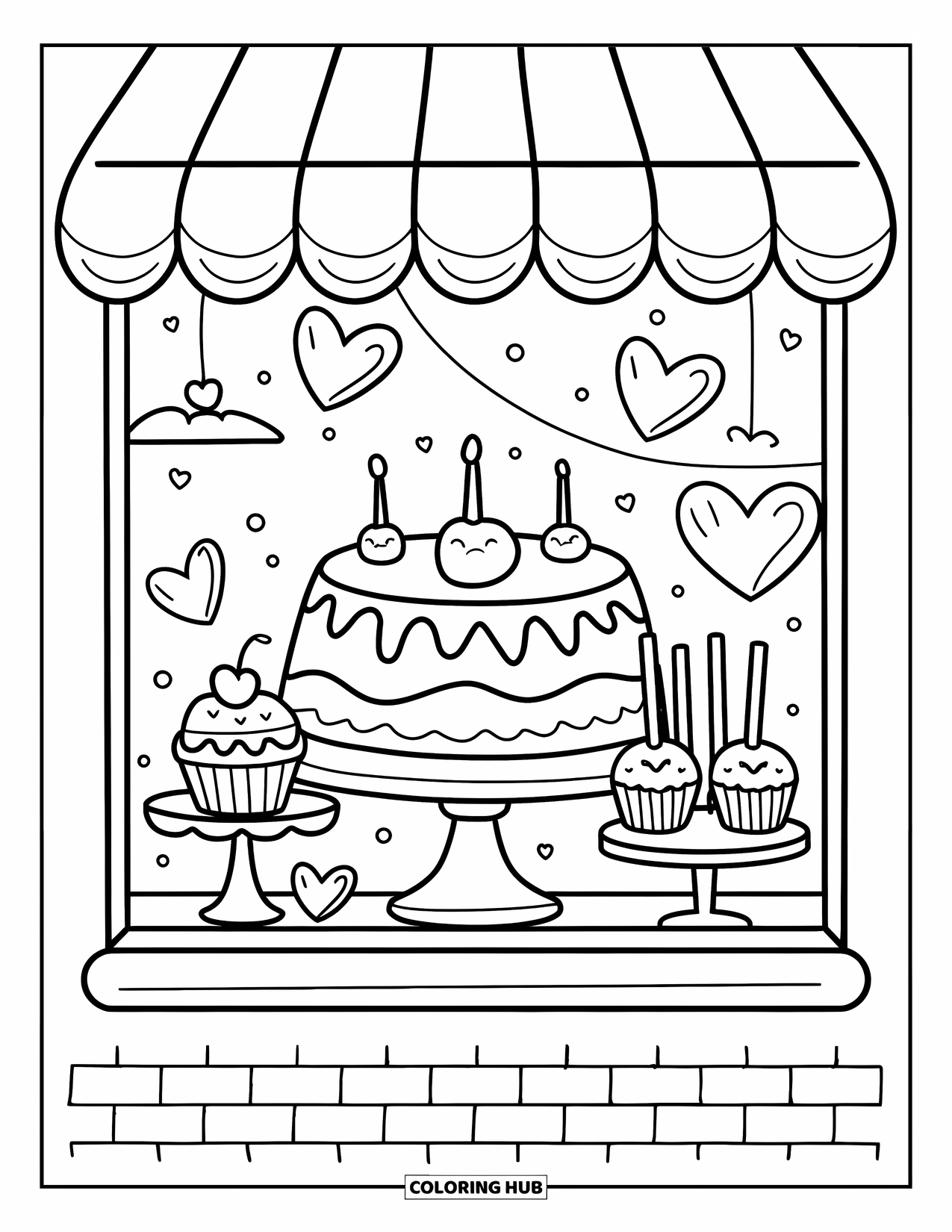 Cake Coloring Page for Adults: A cake shop window with a large cake, cupcakes, and cake pops, with heart-shaped decorations and a cute awning