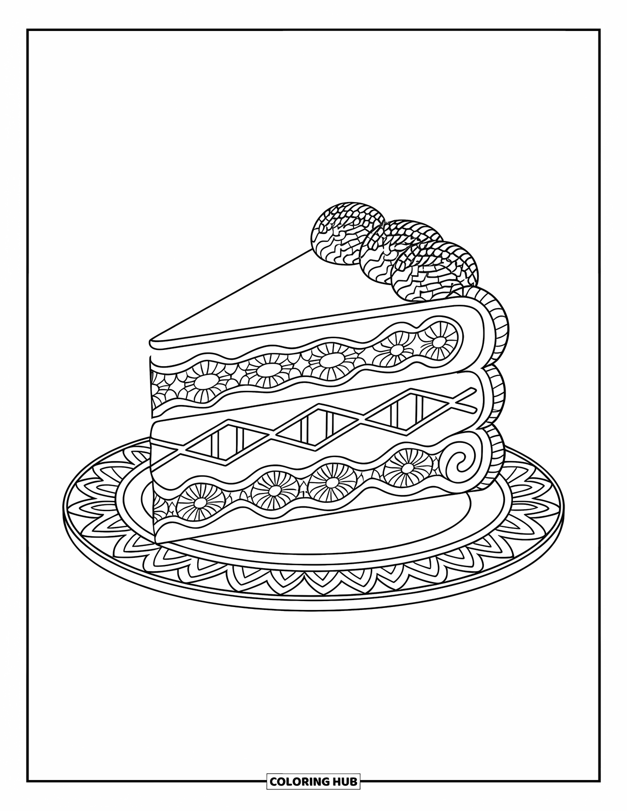 Cake Coloring Page for Adults: A cake slice with decorated layers and patterned edges, with lace, geometric, and floral patterns on the layers