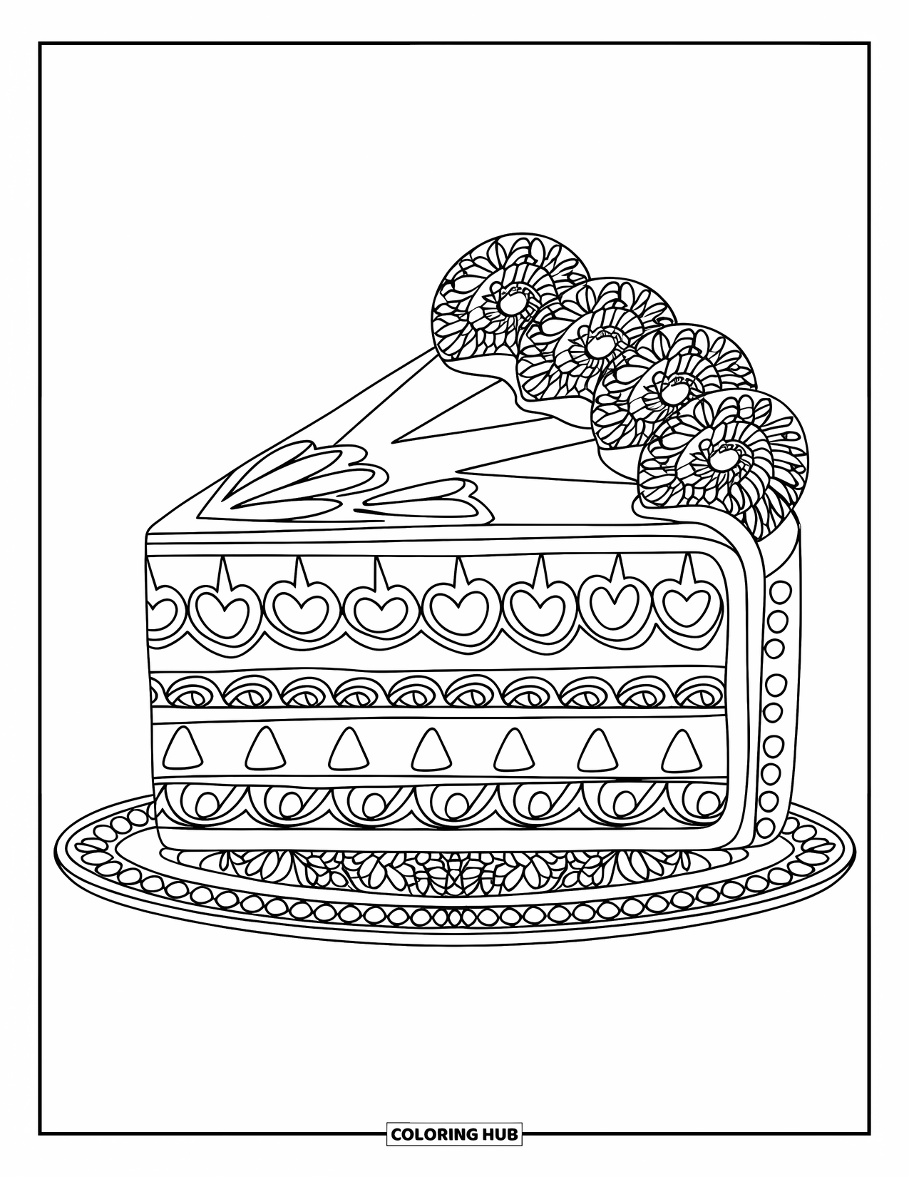 Cake Coloring Page for Adults: A cake slice with intricate patterns like hearts, stars, and swirls, placed on a floral-patterned plate