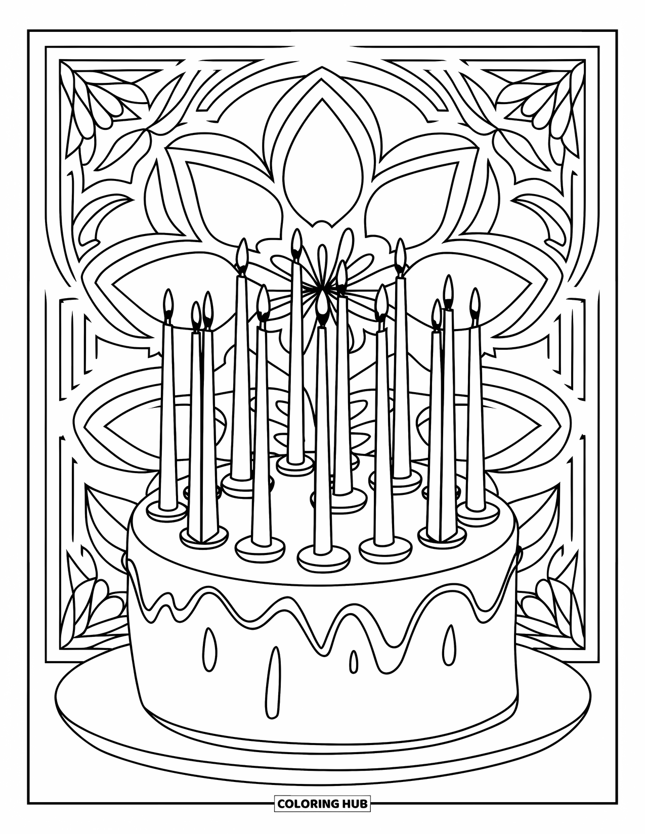 Cake Coloring Page for Adults: A cake with tall candles and floral borders, placed on a round plate with decorative patterns