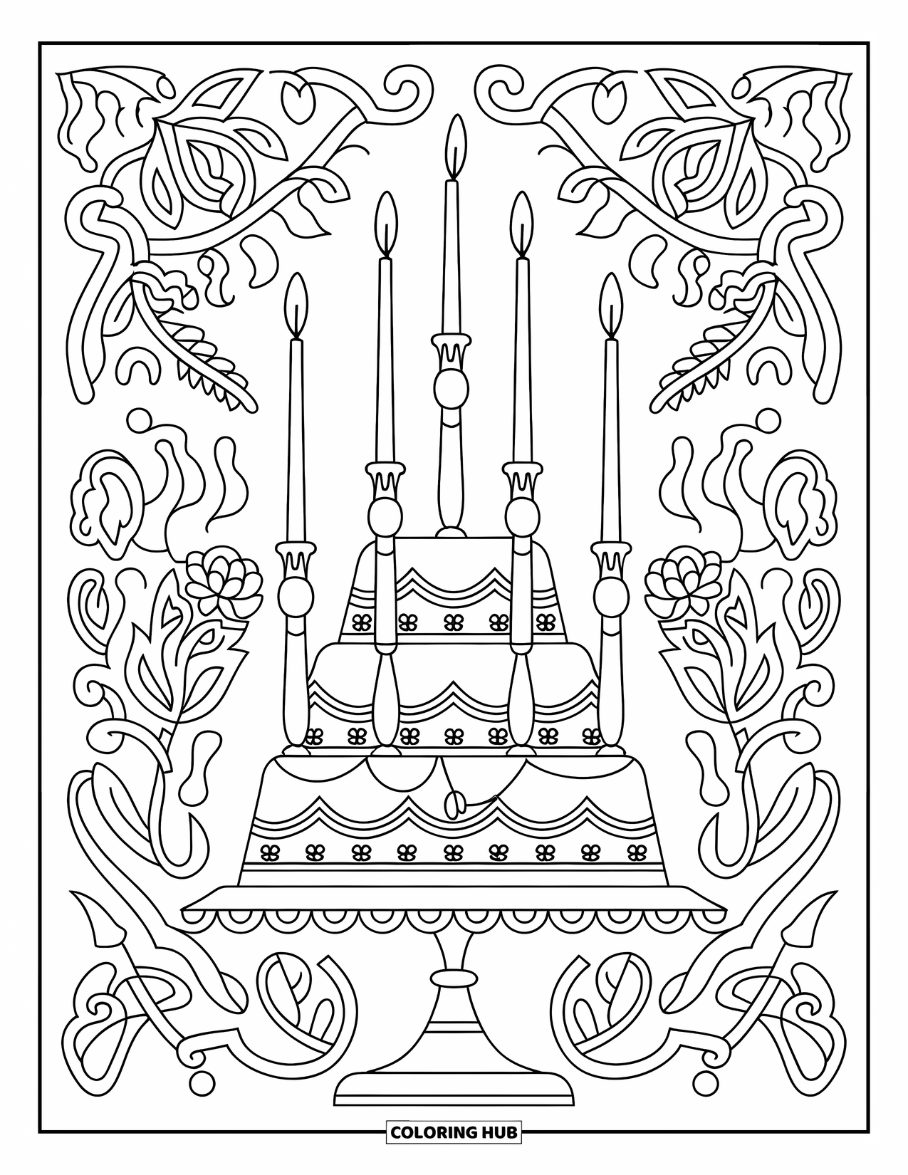Cake Coloring Page for Adults: A cake with tall, elegant candles, surrounded by decorative patterns and intricate background