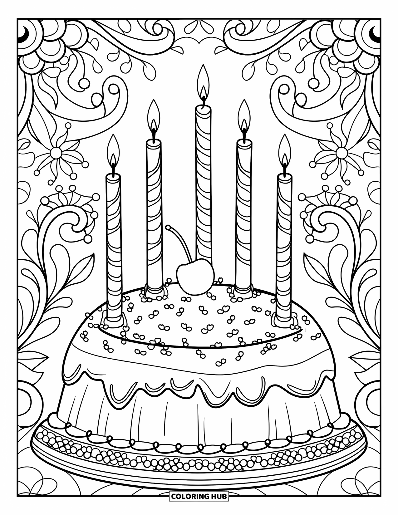 Cake Coloring Page for Adults: A cake with tall, elegant candles, topped with a cherry, surrounded by intricate patterns