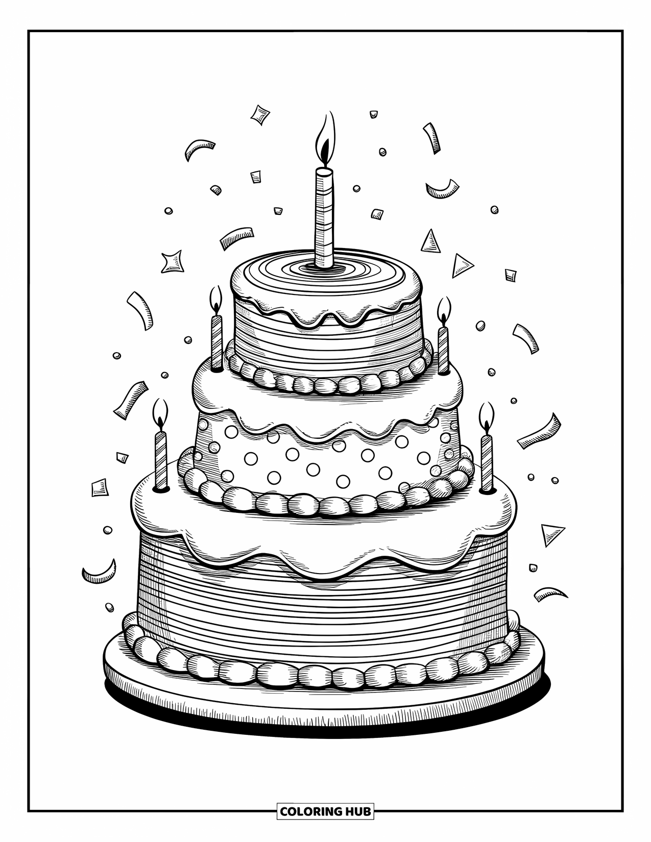 Cake Coloring Page for Adults: A celebration cake stack with three tiers, each decorated with stripes, polka dots, and swirls