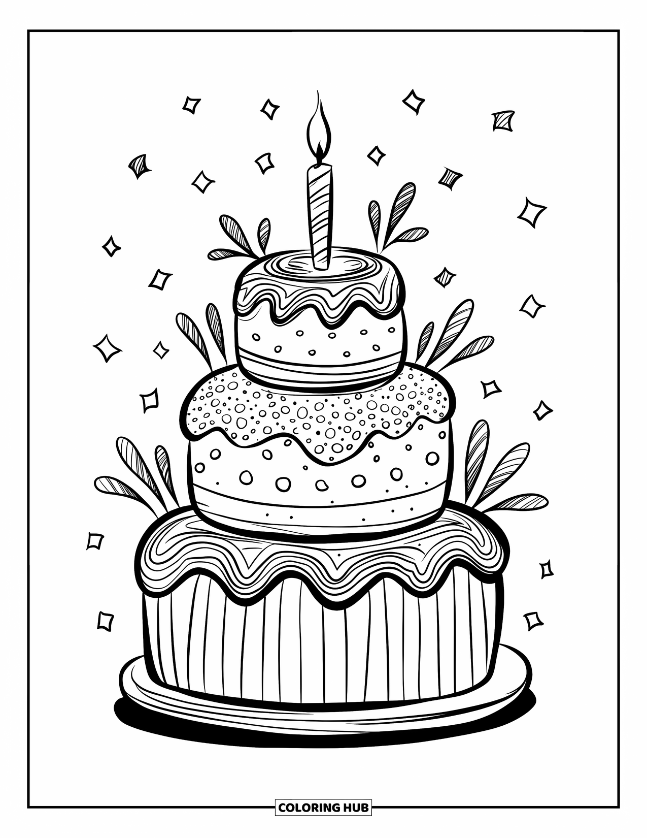 Cake Coloring Page for Adults: A celebration cake stack with three tiers, striped, polka-dotted, and swirled, with confetti floating