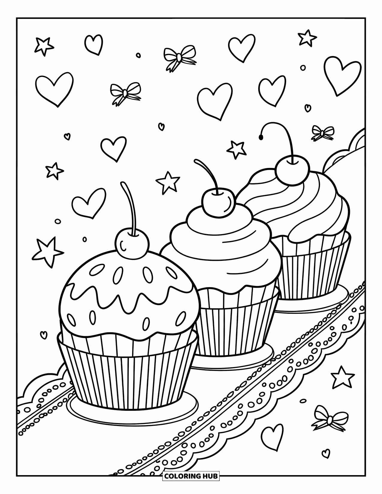 Cake Coloring Page for Adults: A cupcake parade with three cupcakes, each with a different frosting style, marching on a doily