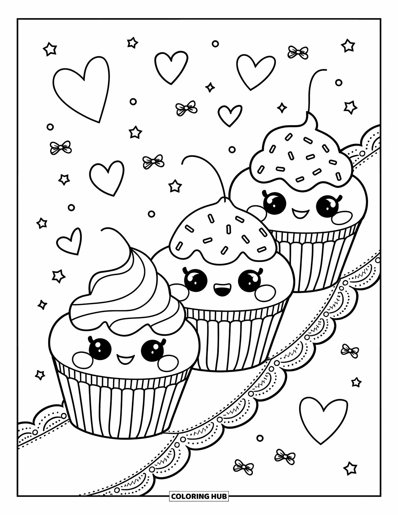 Cake Coloring Page for Adults: A cupcake parade with three kawaii cupcakes, each with a different frosting style and expressive faces