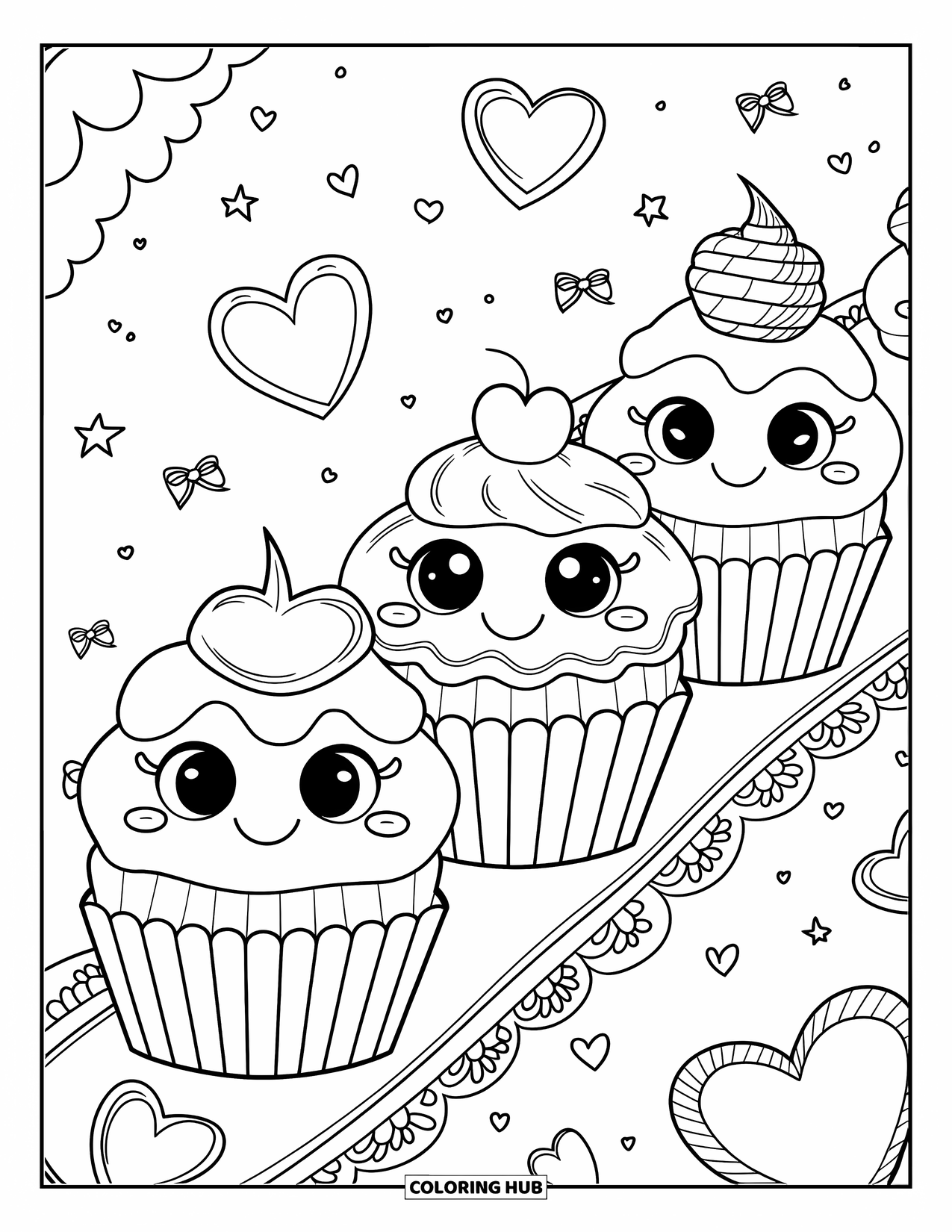 Cake Coloring Page for Adults: A cupcake parade with three kawaii cupcakes, each with a different frosting style and faces