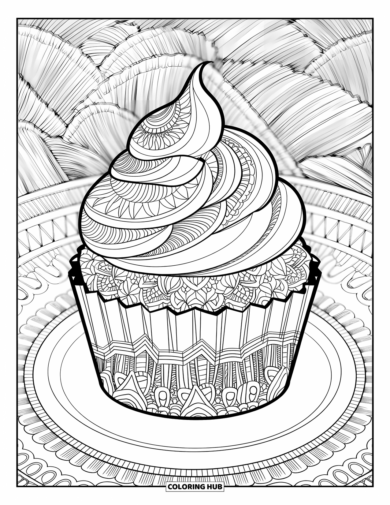 Cake Coloring Page for Adults: A cupcake with mandala-style frosting and a patterned wrapper, placed on a plate