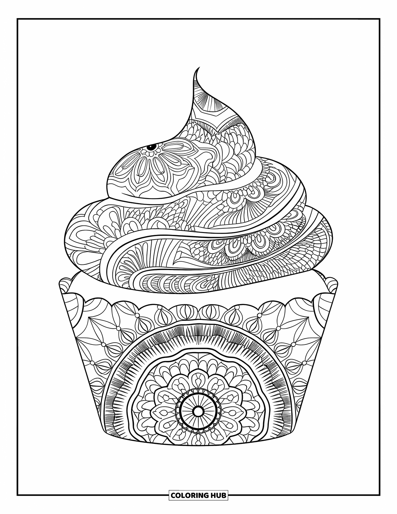 Cake Coloring Page for Adults: A cupcake with mandala-style frosting and a patterned wrapper, set on a clean background