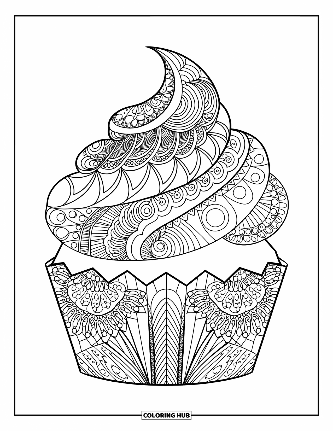 Cake Coloring Page for Adults: A cupcake with mandala-style frosting, placed on a patterned wrapper, with clean bold outlines