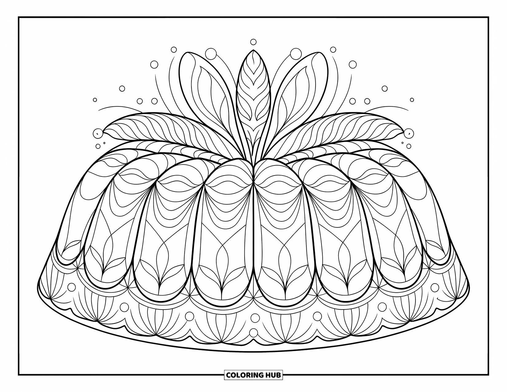 Cake Coloring Page for Adults: A detailed bundt cake with floral and geometric patterns, with intricate details for coloring