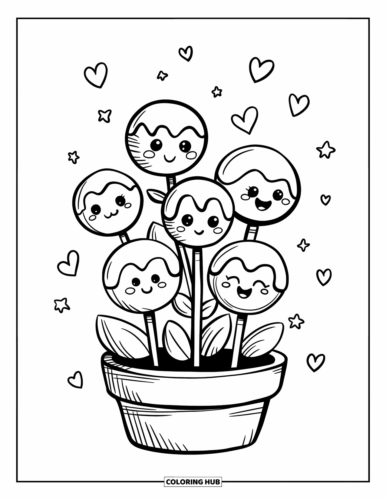 Cake Coloring Page for Adults: A kawaii cake pop garden with cake pops on sticks, designed as flowers with smiling faces