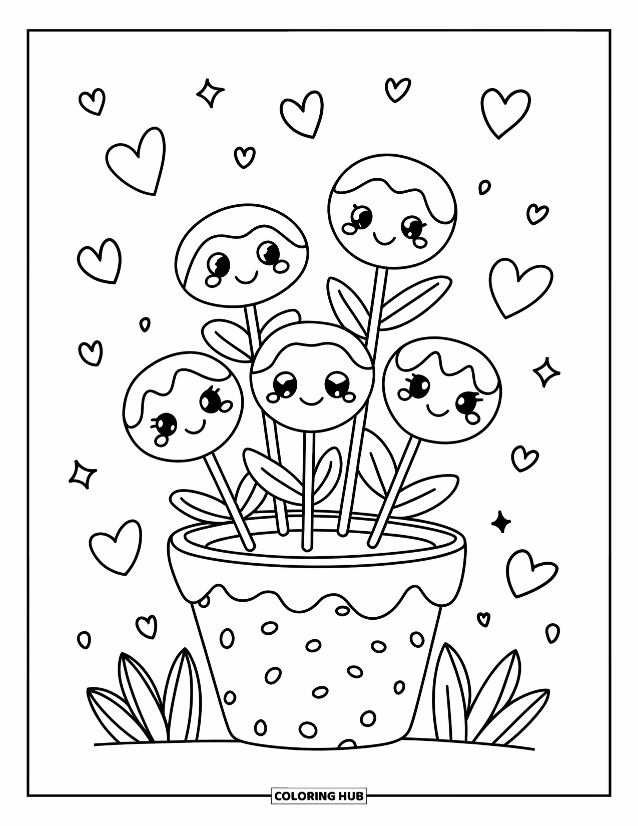 Cake Coloring Page for Adults: A kawaii cake pop garden with cake pops on sticks, designed as flowers with smiling faces