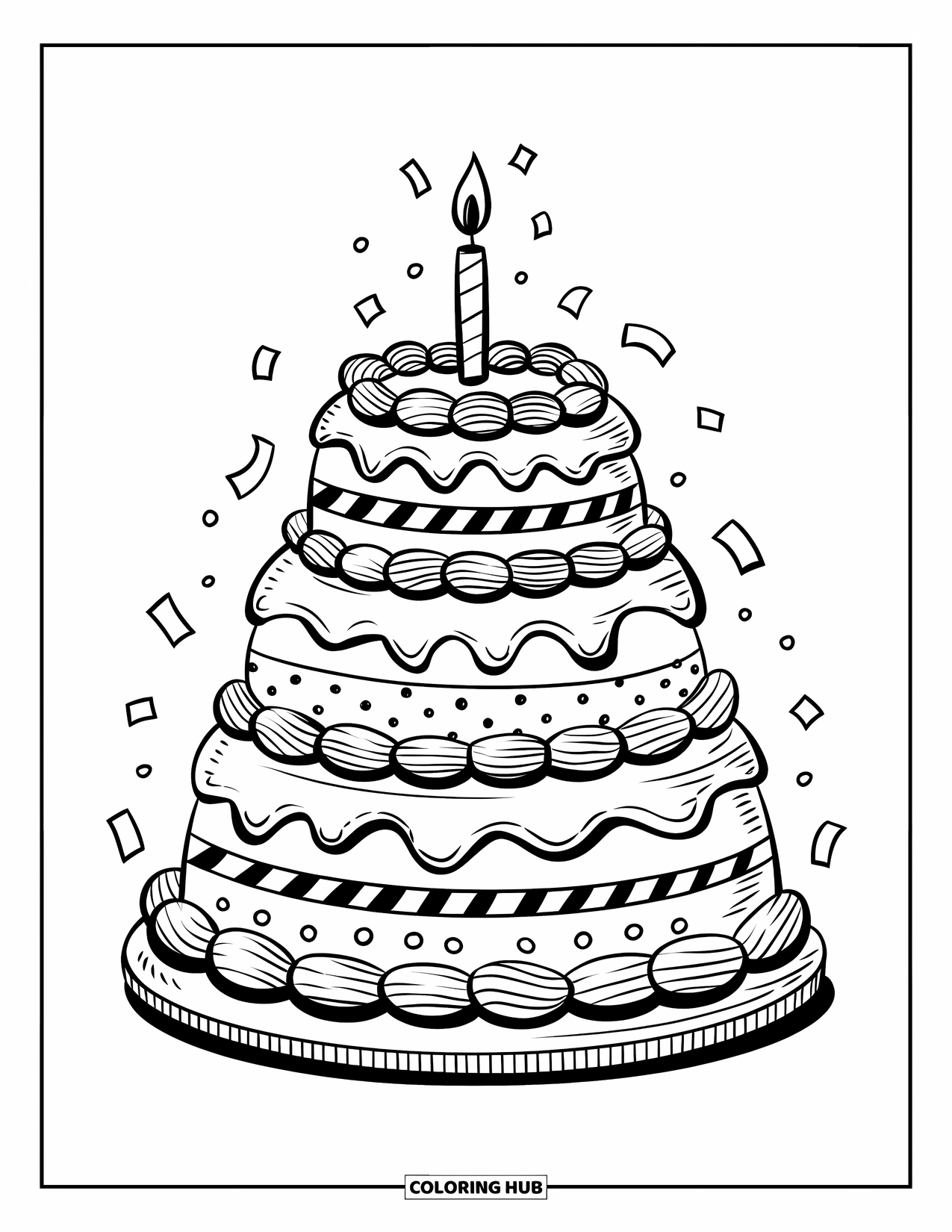 Cake Coloring Page for Adults: A kawaii celebration cake stack with three tiers, striped, polka-dotted, and swirled, with a candle