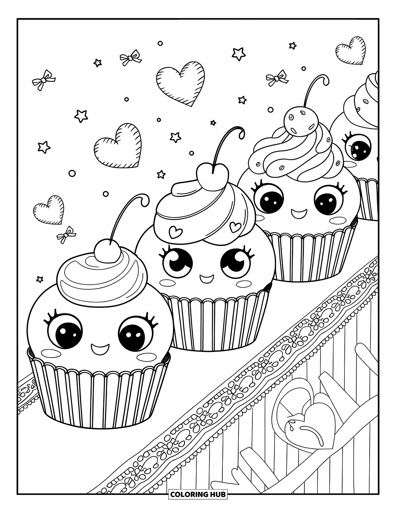 Cake Coloring Page for Adults: A kawaii cupcake parade with three cupcakes, each with a different frosting style and expressive faces