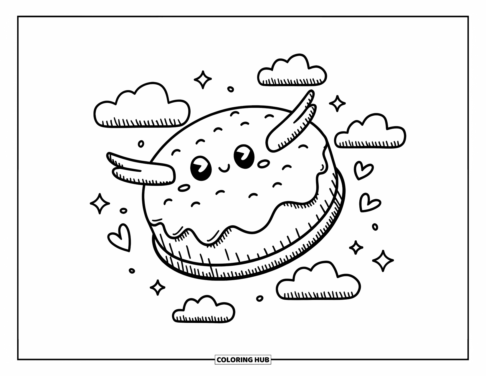 Cake Coloring Page for Adults: A kawaii round cake with tiny wings flying through the sky, with cloud puffs, hearts, and stars