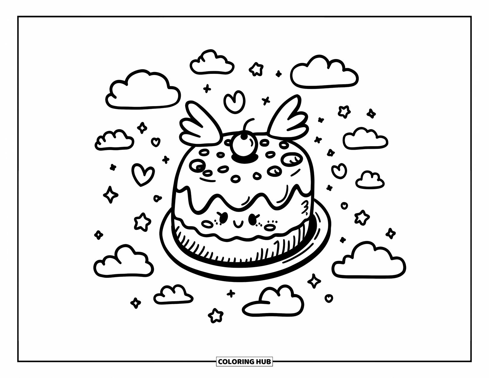 Cake Coloring Page for Adults: A kawaii round cake with wings, flying through the sky with cloud puffs, hearts, and stars