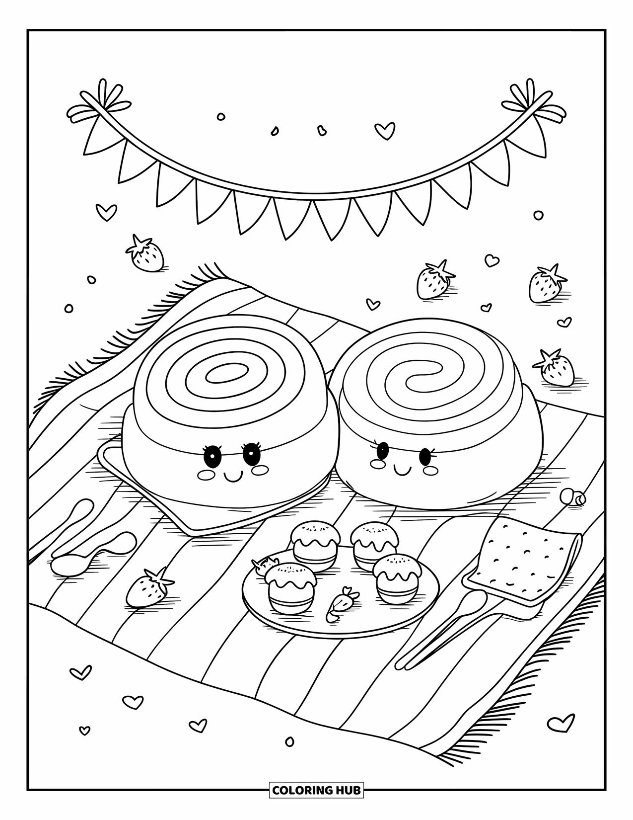 Cake Coloring Page for Adults: A kawaii Swiss roll picnic with two Swiss rolls, surrounded by cake pops, strawberries, and a banner