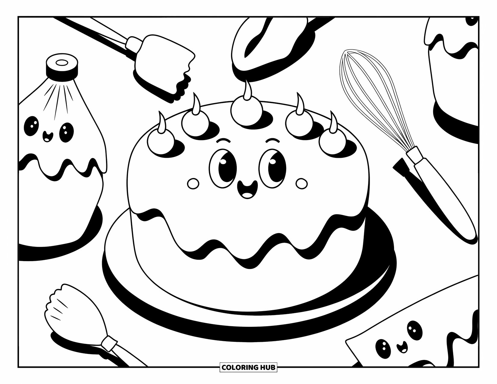 Cake Coloring Page for Adults: A large round cake with a happy face, surrounded by kawaii baking tools like a whisk and spatula