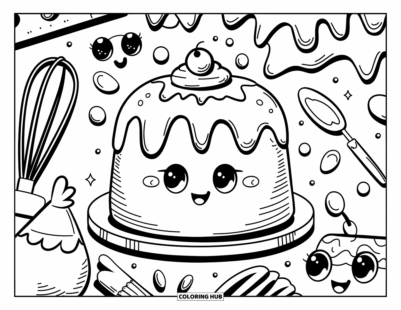 Cake Coloring Page for Adults: A large round cake with a happy face, surrounded by kawaii baking tools, with simplified shapes