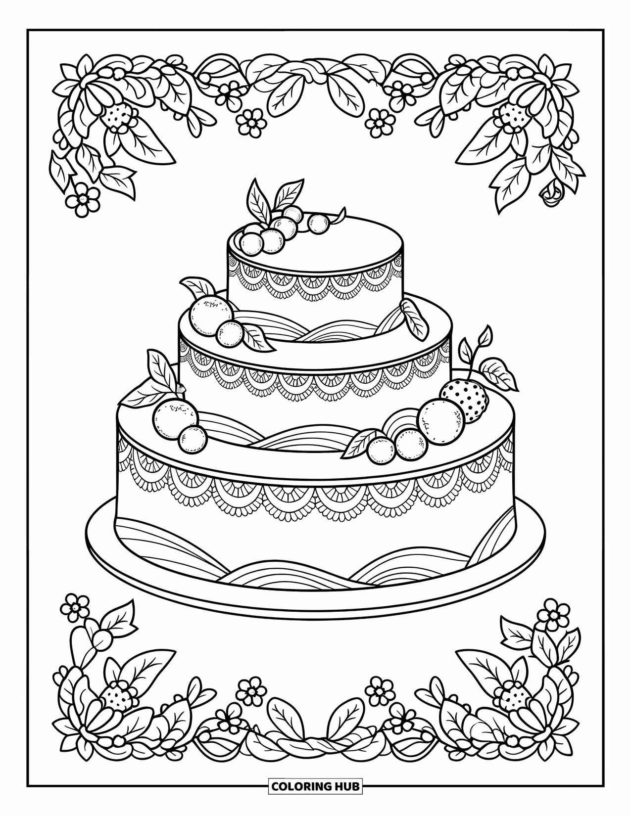 Cake Coloring Page for Adults: A layered cake with delicate lace piping and fruit accents, surrounded by a floral pattern border