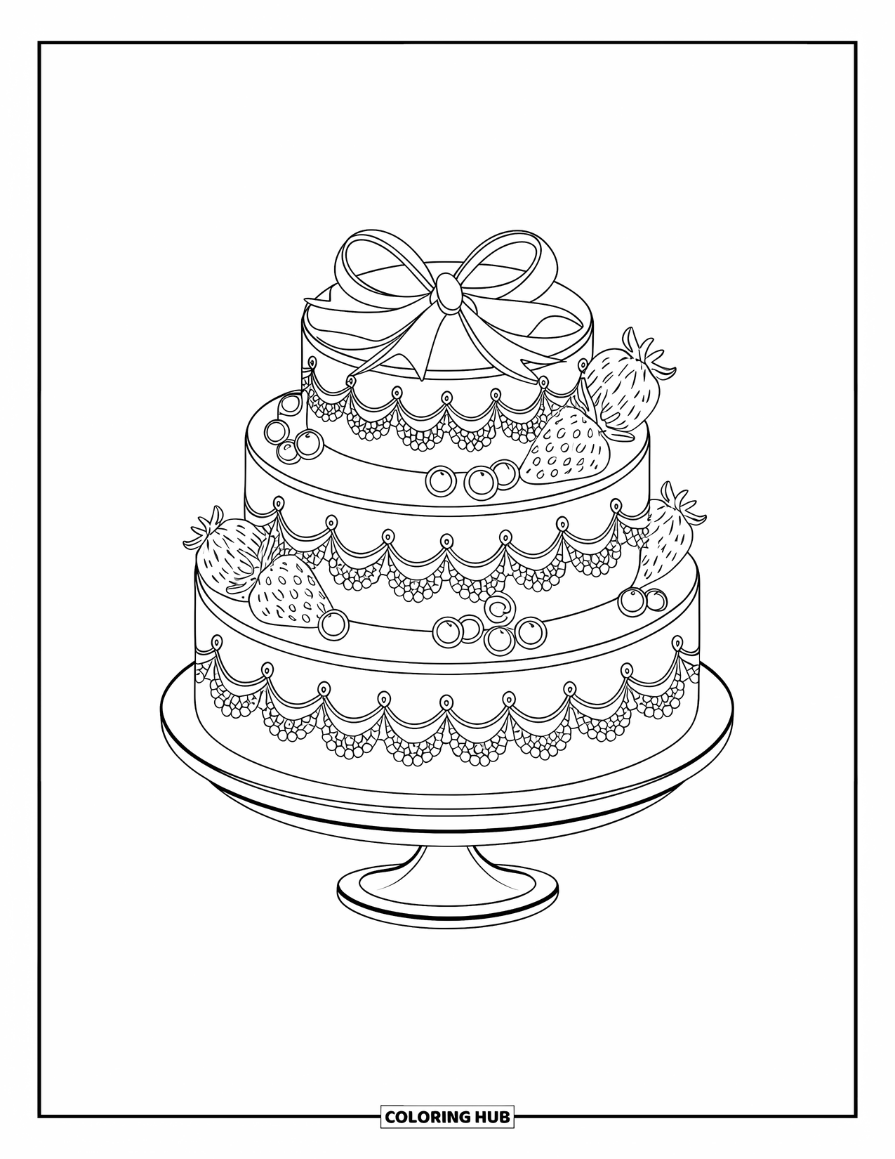 Cake Coloring Page for Adults: A layered cake with lace-like piping and fruit accents, topped with a bow, strawberries, and blueberries