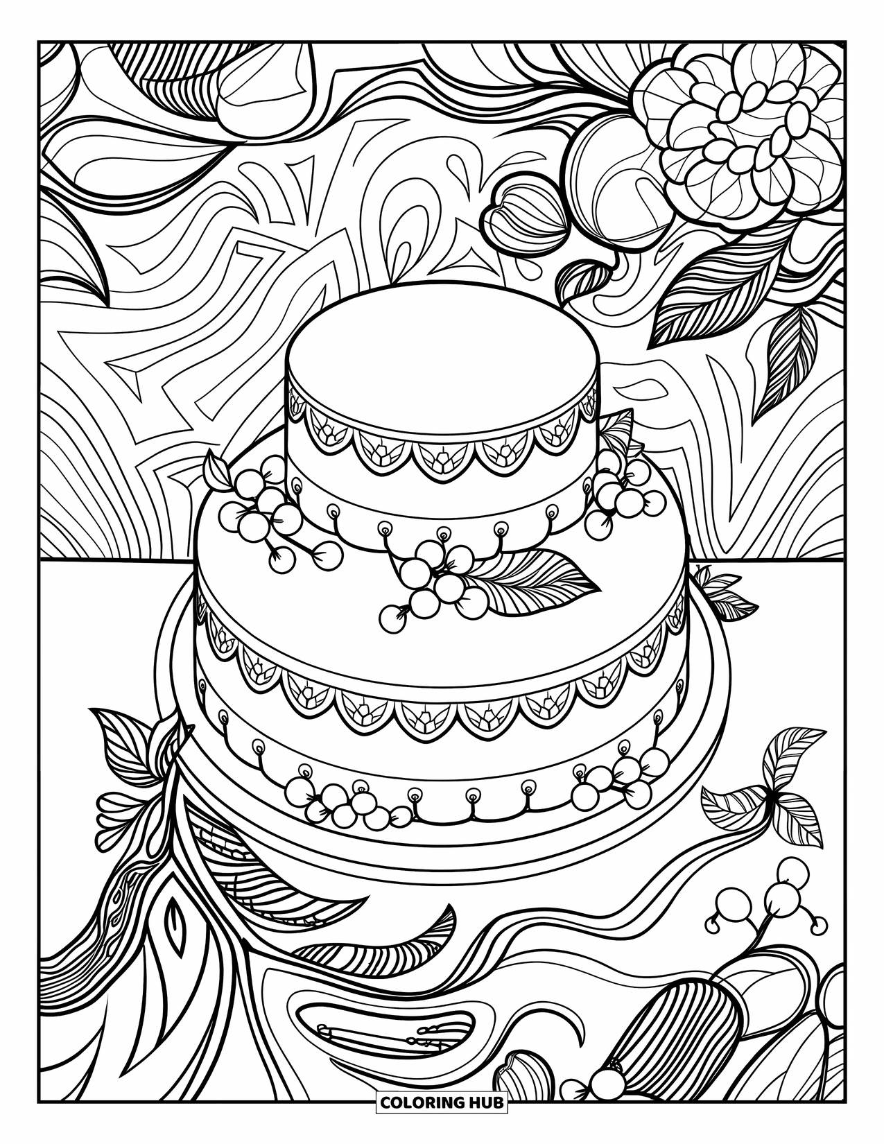 Cake Coloring Page for Adults: A layered cake with lace piping and fruit accents, surrounded by flowers, leaves, and swirls in the background