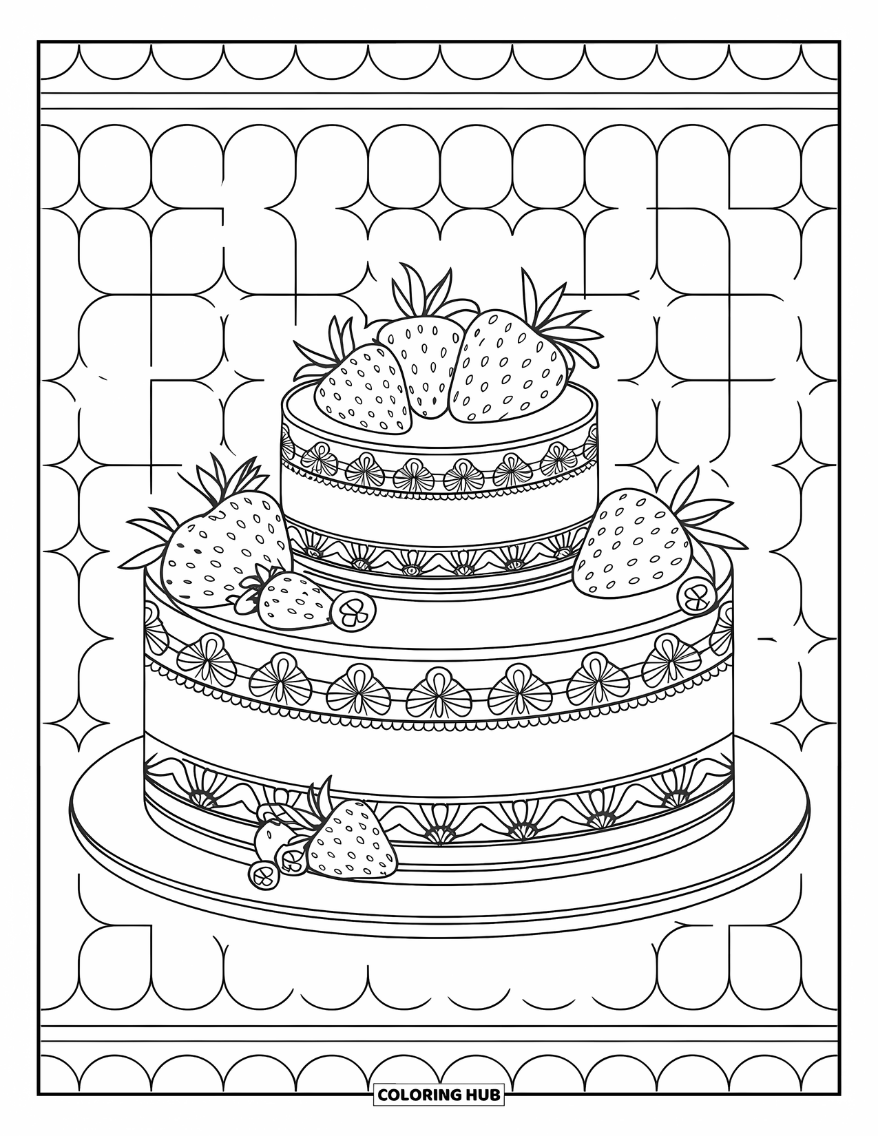 Cake Coloring Page for Adults: A layered cake with lace piping and fruit accents, topped with strawberries and blueberries on a white plate