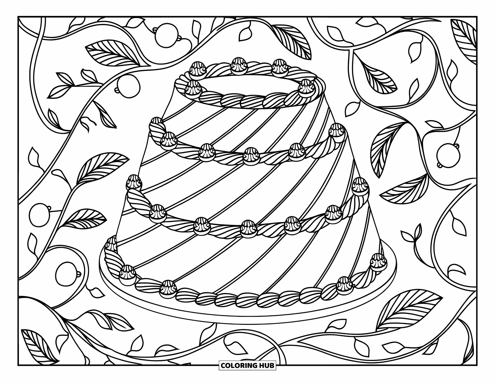 Cake Coloring Page for Adults: A multi-layered cake with diagonal piping and fruit borders, on a plate with intricate patterns