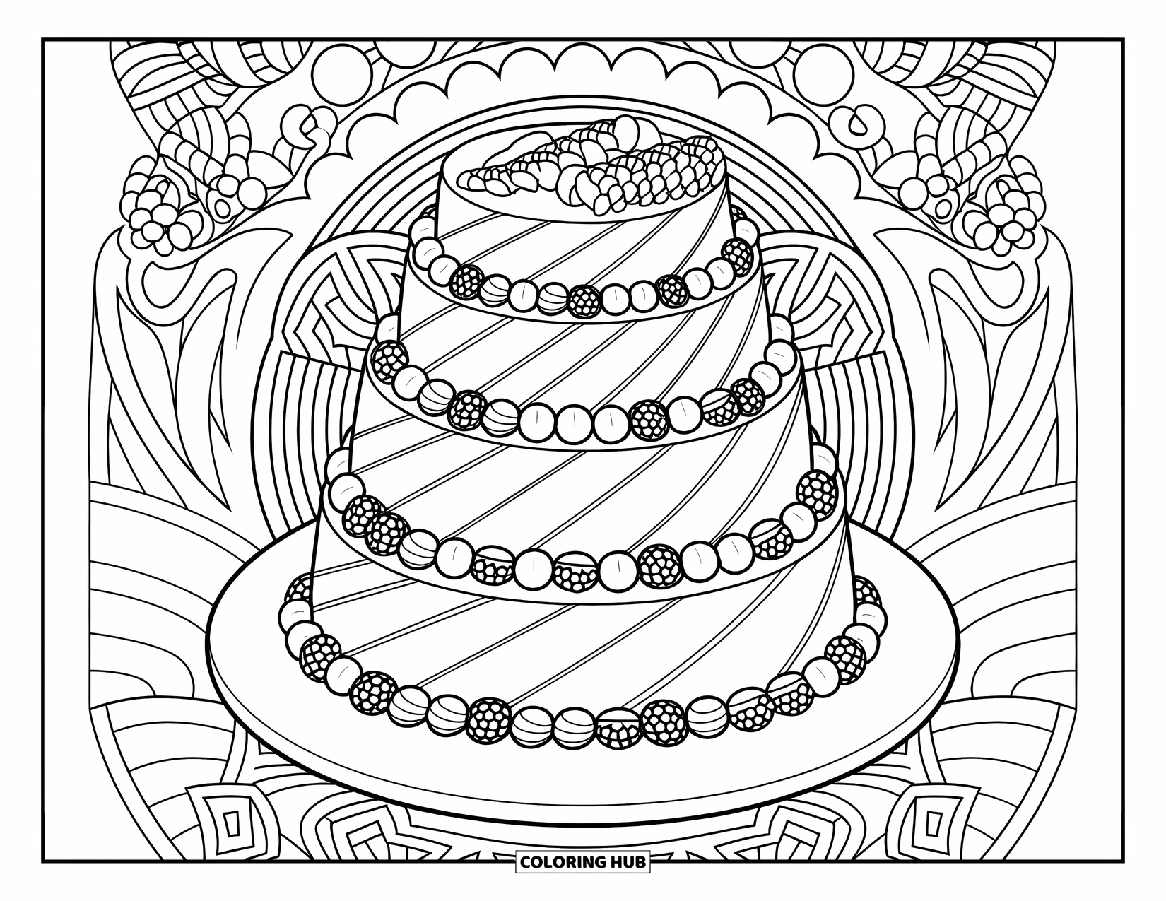 Cake Coloring Page for Adults: A multi-layered cake with diagonal piping and fruit borders, placed on a white plate