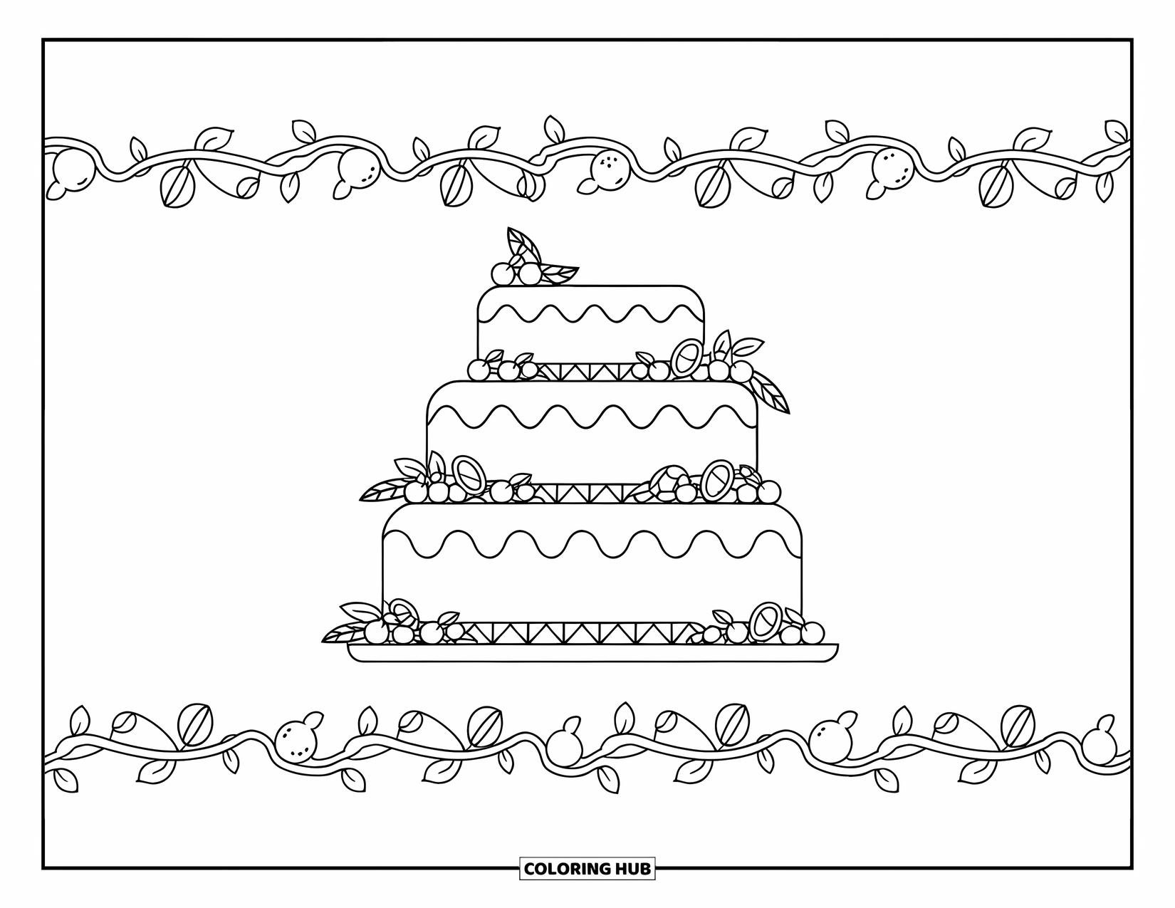 Cake Coloring Page for Adults: A multi-layered cake with diagonal piping and fruit borders, surrounded by a decorative border