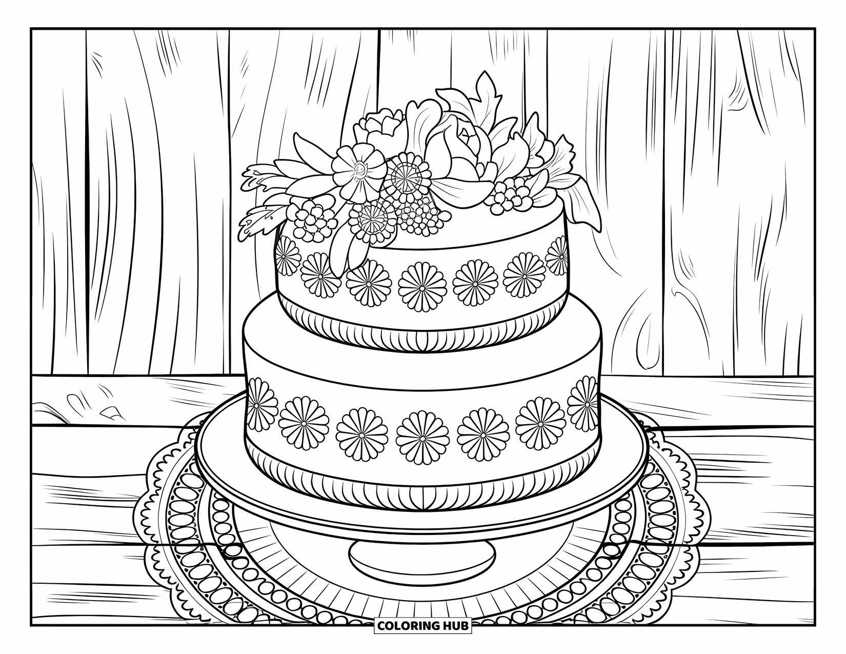 Cake Coloring Page for Adults: A multi-layered cake with floral borders and fresh flowers on top, placed on a lace doily