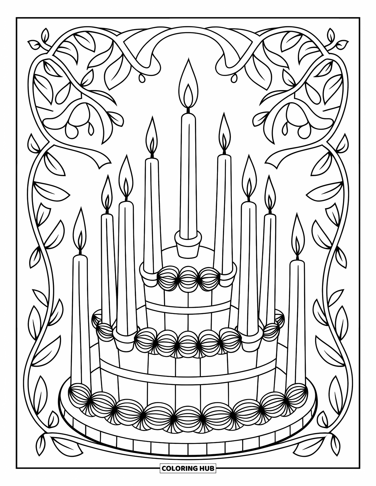 Cake Coloring Page for Adults: A multi-layered cake with tall candles, surrounded by flowers, leaves, and vines in the background
