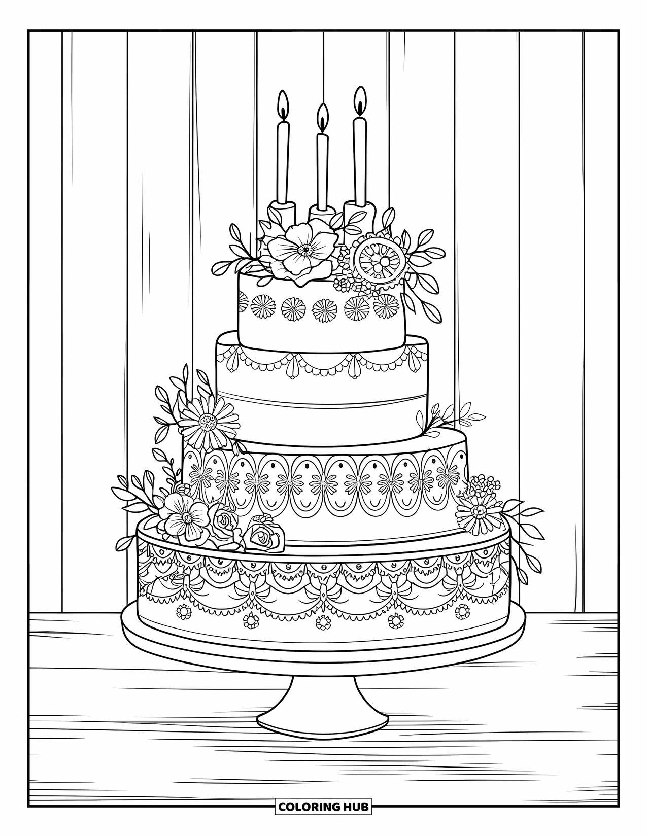Cake Coloring Page for Adults: A multi-tiered wedding cake with floral piping and candles on top, placed on a stand