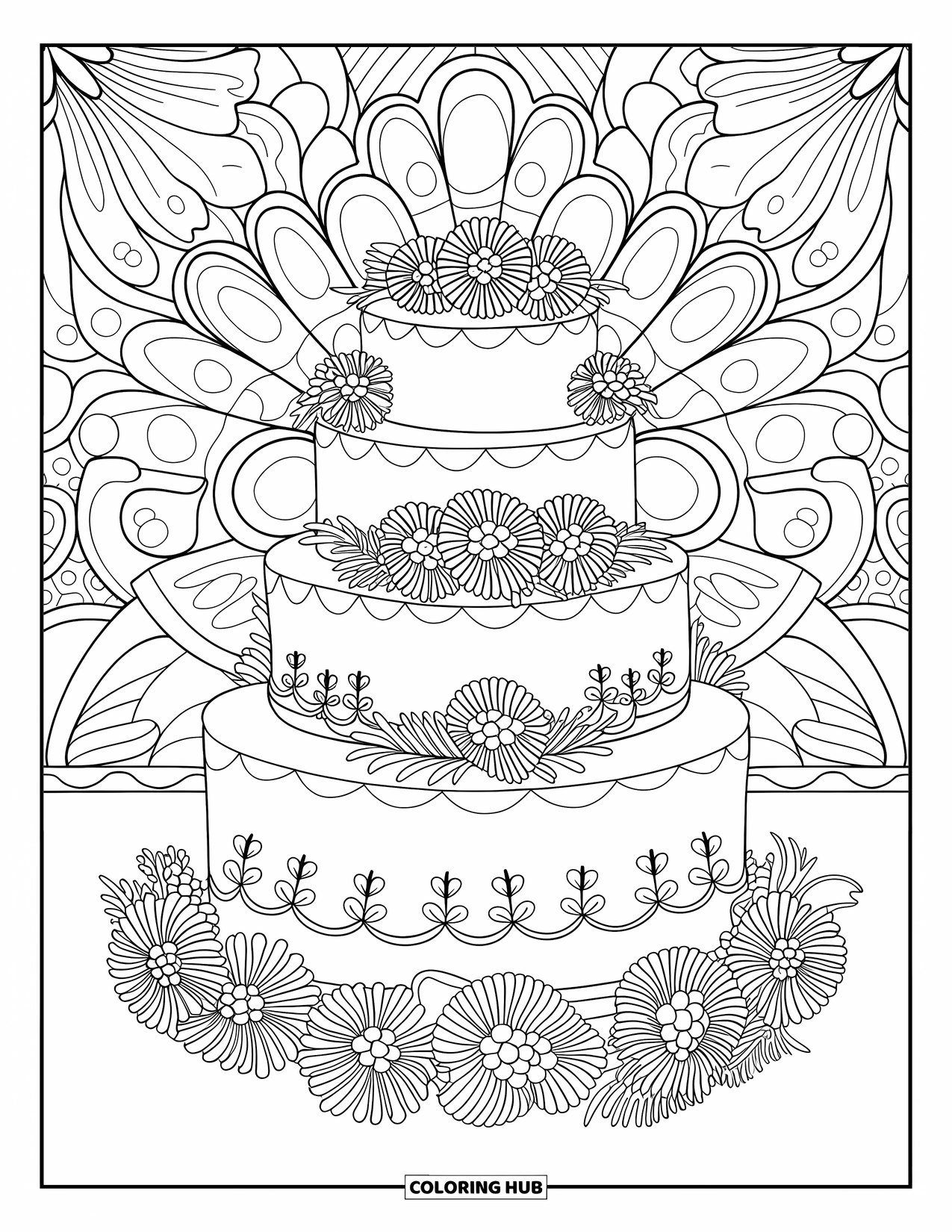 Cake Coloring Page for Adults: A multi-tiered wedding cake with floral piping and elegant patterns, surrounded by intricate details